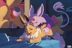 4_toes anus balls bed bedroom better_version_at_source bodily_fluids brown_body brown_fur close-up closed_eyes clothed clothing dripping duo eevee eeveelution emma_the_eevee espeon fangs female female_penetrated feral forehead_gem from_behind_position fur furniture gela-g-i-s-gela genital_fluids genitals grabbing_sheets hi_res jasper_(bgklonewolf) male male_penetrating male_penetrating_female mammal nintendo one_eye_closed open_mouth partially_clothed penetration penis pokémon_(species) pokemon precum purple_body purple_fur pussy_juice quadruped red_eyes ribbons sex smile straight sweater toes topwear tuft vaginal_penetration video_games