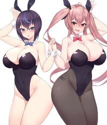 2girls big_breasts blush bows bunny_ears bunnysuit curvy cute dyed_hair eyelashes eyeliner holding_hands huge_breasts kuavera long_hair looking_at_viewer multiple_girls open_mouth pantyhose pigtails short_hair thick thin thin_waist white_background