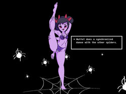 1girls 6_arms armpits arms_up bare_legs barefoot black_eyes black_hair black_sclera blush bra english_text fangs female_only full_body hairbow happy leg_grab leg_lift leg_up looking_at_viewer monster monster_girl muffet multi_arm multi_eye multi_limb open_mouth open_smile panties pigtails purple_skin short_hair small_breasts smile solo spider spider_girl spider_web splits standing thexoplasm toes twintails undertale underwear vertical_splits web