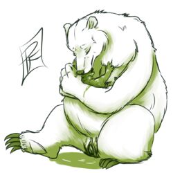 2018 amniotic_fluid anthro armello baby bear belly big_belly birth bodily_fluids breasts clitoris closed_eyes cradling digital_media_(artwork) duo female fur genital_fluids genitals green_and_white head_down mammal monochrome newborn nude open_mouth pawpads pregnant pussy sana_(armello) sitting smile sogravid ursa ursid ursine video_games young