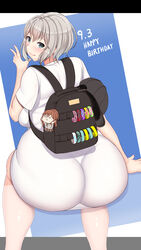 1girls aoba_moca ass backpack bag bang_dream! big_ass blue_eyes bottom_heavy dress eye_contact fat_ass female grey_hair huge_ass large_ass looking_at_viewer looking_back massive_ass pale-skinned_female pale_skin short_hair thick_ass thick_thighs thighs tight_dress yeneisha