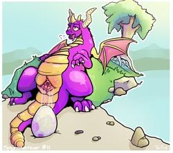 activision blush bodily_fluids claws dragon egg egg_laying female feral genital_fluids genitals hi_res hill horn lake membrane_(anatomy) membranous_wings nude open_mouth purple_body purple_eyes pussy rock rule_63 scales scalie solo spyro spyro_reignited_trilogy spyro_the_dragon tree vallus video_games western_dragon wings