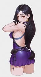 1girls ass big_ass black_hair cheshirrr dress female female_only final_fantasy final_fantasy_vii hair_tie highres large_breasts long_hair looking_back purple_clothing purple_dress red_eyes sideboob solo square_enix tifa_lockhart