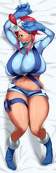 1girls alternate_breast_size bed big_breasts blue_eyes blush boots gloves huge_breasts hyuuman large_breasts long_hair nintendo on_bed pokemon pokemon_bw red_hair skyla_(pokemon) tan-skinned_female tan_skin thick_thighs thighs