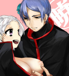 1boy 1girls akatsuki akatsuki_(naruto) big_breasts blue_hair breasts breasts_out flower_in_hair genderswap_(ftm) genderswap_(mtf) hidan konan looking_at_another naruto naruto_shippuden nipples rule_63 short_hair smile white_hair