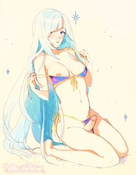 1futa bikini bikini_aside bikini_top_pull erection futa_only futanari magical_ondine precum solo_futa string_bikini white_hair