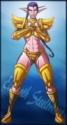 bikini_armor blue_hair elaleath elaleath_steelbreeze female gold_(metal) juno6 kaldorei night_elf pink_skin world_of_warcraft