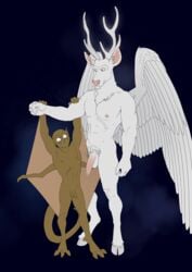 2boys absurd_res anthro antlers balls cervid cervine disney duo feathered_wings feathers flaccid gargoyle gargoyles gay genitals hi_res horn humanoid_genitalia humanoid_penis lexington_(gargoyles) male male/male male_only mammal membrane_(anatomy) membranous_wings nude penis pubes romantic_couple scalie smagma smile staghart wings yaoi