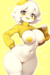 ai_assisted breasts egg egg_(lemyawn) egg_yolk female female_focus food food_creature heart knightnyan lifted_by_self nipples pussy short_hair slime_girl sweater turtleneck_sweater white_hair yellow_background yellow_sweater