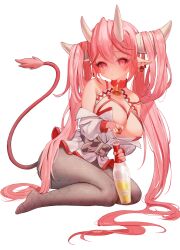 1girls 4_horns bottle breasts cleavage clothed clothing cow_girl embarrassed face_markings female female_only gg_amang horns huge_breasts kemonomimi light-skinned_female light_skin monster_girl original pink_eyes pink_hair pointy_ears solo tail wu-chan_(agoto)