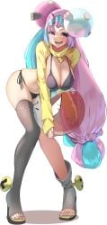 absurdres ball beachball bikini black_bikini blue_hair blush bow-shaped_hair breasts character_hair_ornament cleavage female hair_ornament hexagon_print highres holding holding_ball holding_beachball iono_(pokemon) jacket large_breasts long_hair long_sleeves looking_at_viewer momdy_(talesshinja) multicolored_hair nintendo open_mouth pink_eyes pink_hair pokemon pokemon_sv sharp_teeth shrug_(clothing) single_thighhigh sleeves_past_wrists smile solo stomach swimsuit teeth thighhighs two-tone_hair yellow_shrug