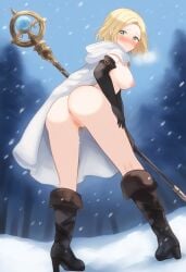 ai_generated anus ass ass blonde_hair blush boots breasts cape elbow_gloves female female_focus female_pubic_hair gloves green_eyes looking_back nipples octopath_traveler ophilia_clement pubic_hair pussy short_hair snow snowing solo_female staff tree vagina