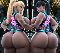 2girls 3d 3d_(artwork) alternate_breast_size alternate_costume ass ass_cleavage ass_focus big_ass big_breasts big_butt bimbo black_hair blonde_hair blue_eyes brown_eyes crossover curvaceous curves curvy curvy_body curvy_female curvy_figure dat_ass eve_(stellar_blade) female female_only gloves hips huge_ass large_ass large_breasts large_butt metroid multiple_girls nintendo nixmare_(artist) ponytail samus_aran stellar_blade thick thick_ass thick_hips thick_legs thick_lips thick_thighs thighs voluptuous voluptuous_female zero_suit zero_suit_samus