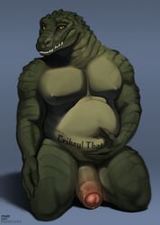 2020 anthro barazoku biceps biped blue_background claws crocodile crocodilian crocodylid digital_media_(artwork) english_text finger_claws fingers foreskin front_view full-length_portrait genitals green_claws green_eyes green_nipples green_penis grin hand_on_stomach hi_res humanoid_genitalia humanoid_penis looking_at_viewer male male_only mariart musclegut muscular muscular_anthro muscular_male navel nipples nude original_character pecs penis portrait reptile scalie simple_background smile solo tattoo teeth text thick_penis