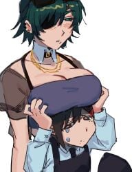 2girls apron bangs bangs_between_eyes big_breasts black_apron black_choker black_hair black_tie blue_collar blue_crop_top blue_eyes blue_shirt blue_topwear blush_lines breasts_on_head brown_eyes buckle_choker chainsaw_man choker cleavage collar crop_top crying crying_with_eyes_open detached_collar duo earrings eyepatch female female_only gold_chain gold_necklace green_hair hair_between_eyes hair_clip hairclip higashiyama_kobeni himeno_(chainsaw_man) holding_breast holding_breasts holding_breasts_up huge_breasts liowig long_sleeves mole mole_under_eye mole_under_mouth moles moles_under_eyes necklace necklaces ponytail red_hairclip see-through_clothing shirt_collar short_hair short_sleeves sunglasses sunglasses_on_head tears tie white_background white_collar yuri