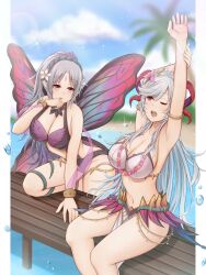 2girls absurdres alternate_costume atorie beach bikini black_one-piece_swimsuit black_swimsuit breasts butterfly_wings casual_one-piece_swimsuit cleavage commission crown_of_thorns curled_horns facial_mark fairy_wings female female_only fire_emblem fire_emblem_heroes flower flower_necklace forehead_mark freyja_(fire_emblem) freyja_(summer)_(fire_emblem) goat_horns gold_armlet highres horns insect_wings jpeg multiple_girls nintendo ocean official_alternate_costume one-piece_swimsuit outdoors palm_tree plumeria_(fire_emblem) plumeria_(summer)_(fire_emblem) red_horns swimsuit thorns tree white_bikini white_swimsuit wings