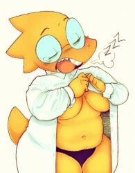 1girls 2d alphys anthro breasts chubby female female_only humanoid labcoat lizard_girl lizard_humanoid noogatdelight nude panties reptile reptile_humanoid solo tagme undertale undertale_(series)