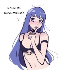 black_bra blue_eyes blue_hair blush breasts choker female looking_away miaormoa(artist) no_nut_november pussy talking_to_viewer tattoo thinking