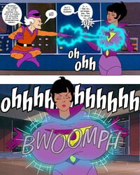 1boy 1girls ani7us big_breasts black_hair bowler_hat breast_expansion breasts closed_eyes dc dc_comics dwarf elf_ears fully_clothed gigantic_breasts hanna-barbera happy humor imp jayna_(wonder_twins) mr_mxyzptlk pointy_ears red_lipstick short_hair size_difference smile super_friends superheroine superman_(series) white_hair wonder_twins