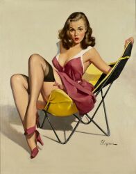 1girls chair dress female female_only gil_elvgren high_heels looking_at_viewer nipple_bulge oil_painting painting_(artwork) pinup pinup_girl pinup_pose solo sundress traditional_media_(artwork) vintage