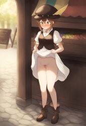 ai_generated blush boots brown_hair dress dress_lift female female_focus female_pubic_hair green_eyes hat lifting_skirt octopath_traveler pubic_hair pussy pussy_juice short_hair tressa_colzione younger_female