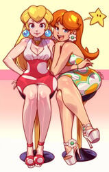 2girls blonde_hair blue_eyes brown_hair cleavage clothed clothing colored colored_background dress earrings female female_focus female_only fully_clothed grabbing_arm heels high_heels hugging human human_only long_hair mario_(series) medium_breasts necklace negarobo nintendo open_toe_shoes pale_skin platform_heels princess_daisy princess_peach robaato shoes short_skirt sitting skirt smile star super_mario_bros. tan tan_skin thick_thighs