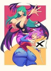 2girls ass bananawithas bat_wings big_ass big_breasts breasts bubble_butt busty capcom clothing curvy darkstalkers dat_ass demon demon_girl fat_ass female_only green_eyes green_hair head_wings hips huge_ass huge_boobs huge_breasts large_ass lilith_aensland morrigan_aensland sign