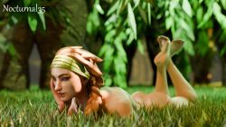 3d 3d_(artwork) 3d_model blender blender_(software) blender_cycles completely_naked completely_nude completely_nude_female feet feet_up female forest fully_naked fully_nude grass green_eyes headband leaves nature nature_background necklace nocturnal35 outdoors pierced_ears pierced_eyebrow piercings red_hair red_skin skye_(valorant) trees valorant