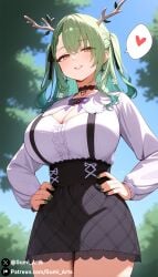 ai_generated antlers ceres_fauna chocker cleavage forest green_hair gumi_arts hands_on_hips high_waisted_skirt hololive hololive_english huge_breasts looking_at_viewer looking_down naughty_face outdoors shirt skirt spoken_heart stable_diffusion thick_thighs virtual_youtuber wide_hips yellow_eyes