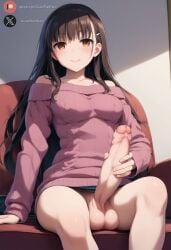 1futa ai_generated balls big_penis blush brown_hair clothed cock dickgirl erection foreskin futa_only futanari indoors irido_yume light-skinned_futanari light_skin long_hair looking_at_viewer mamahaha_no_tsurego_ga_moto_kano_datta penis roxygtf sitting smile