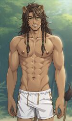 1boy abs ai_generated animal_ears dark-skinned_male dark_skin dvxxxgrai large_pectorals leona_kingscholar long_hair long_haired_male male male_focus male_only navel nipples pectorals pixai shirtless shirtless_male shorts tagme tail topless topless_male twisted_wonderland