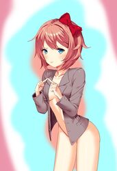 accurate_art_style blue_eyes bow breasts doki_doki_literature_club female hairbow just_sayori looking_at_viewer pov pov_eye_contact red_bow sayori_(doki_doki_literature_club) solo solo_female solo_focus sprite sprite_edit strawberry_blonde_hair thigh_gap thighs