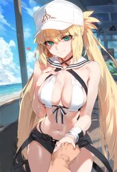 ai_generated artoria_caster_(swimsuit)_(fate) artoria_pendragon artoria_pendragon_(caster) ass background bikini blonde_hair blush cap fate/grand_order fate_(series) green_hair happy holding_hands lamvex looking_at_viewer no_sex small_breasts smile smiling_at_viewer swimsuit tummy twintails white_cap