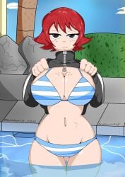 1girls bikini black_eyes female freckles freckles_on_breasts freckles_on_face freckles_on_stomach gasketxbaskets jacket jacket_lift kim_pine light-skinned_female light_skin partially_clothed pool red_hair scott_pilgrim short_hair solo solo_female striped_bikini