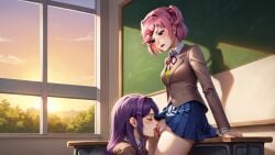 2girls ai_generated aivachan_ai classroom cunnilingus desk doki_doki_literature_club female female_only human leaning_back multiple_girls natsuki_(doki_doki_literature_club) pink_hair purple_eyes purple_hair school_uniform shaved_pussy skirt yuri yuri_(doki_doki_literature_club)