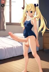 1futa ai_generated balls bedroom big_penis blonde_hair blue_eyes blush clothed cock erection foreskin frontwing futanari grisaia_(series) grisaia_no_kajitsu huge_cock indoors light-skinned_futanari light_skin looking_at_viewer matsushima_michiru penis roxygtf small_breasts solo standing swimsuit twintails