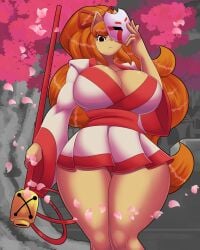 1girls big_breasts breasts ceroba_ketsukane cherry_blossoms cleavage female_only furry kimono looking_at_viewer lunarartstudios_(artist) mask orange_hair solo tagme thick_thighs undertale undertale_yellow voluptuous