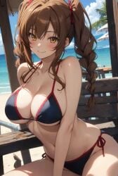 ai_generated beach bikini black_bikini_bottom black_bikini_top blush braided_hair braided_twintails brown_hair cleavage crushing falling_in_love happy having_fun high_school_dxd horny horny_female huge_breasts kiryuu_aika leaning_in mountain_background no_glasses observation ocean_background red_trim ribbon_in_hair smile tied_bikini tied_bikini_top twintails wooden_gazebo yellow_eyes