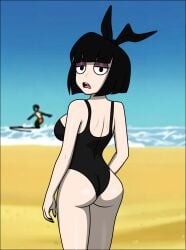 aged_up ass ass back_view beach beach_background black_swimsuit creepy_susie goth goth_girl gothic one-piece_swimsuit sexfightfun short_hair swimsuit the_oblongs