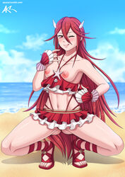 1girls akazlime beach bikini_bottom bikini_skirt bikini_top breasts breasts_out cordelia_(fire_emblem) cordelia_(summer)_(fire_emblem) crouching fire_emblem fire_emblem_awakening fire_emblem_heroes licking_lips long_hair medium_breasts nintendo nipples seaside squatting thick_thighs winking_at_viewer