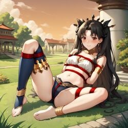 1girls ai_generated ancient_middle_east anklet armlet arms_behind_back bereft black_hair blush bondage crown earrings embarrassed fate/grand_order fate_(series) feet female female_only femsub grass ishtar_(fate) jewelry looking_at_viewer outdoors panties parted_bangs red_eyes restrained ribbon rope rope_bondage showing_feet single_elbow_glove single_thighhigh sitting solo stable_diffusion sweat thighhighs thighs toeless_legwear uneven_legwear uneven_sleeves