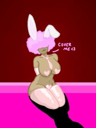 afro armwear big_breasts bunny_ears bunny_girl bunnysuit dark_skin heart_pasties hip_dips hips large_breasts latex pink_clothing pink_hair smile solo solo_female text thick_thighs thighhighs thighs tie xtheletter