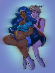 1boy 1girls blonde_hair blue_hair brown_eyes child_bearing_hips chilli_clown dark-skinned_female dark_skin female green_eyes kyle_(she-ra) male mermista pregnant pregnant_belly pregnant_female she-ra_and_the_princesses_of_power thick_thighs touching_hair u/chilli_clown