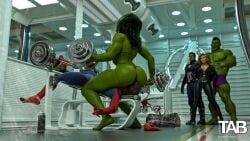 2girls 3boys 3d ass ass_focus assertive_female avengers black_widow_(marvel) captain_america captain_america_(series) facesitting female green_body green_skin gym hulk hulk_(series) long_hair male marvel natasha_romanoff peter_parker public scarlett_johansson she-hulk short_hair sitting_on_face spider-man spider-man_(series) straight tab109 workout