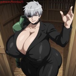 ai ai_generated akame_ga_kill! big_ass big_breasts black_pants black_shirt drat dratvan_(style) erect_nipples eye_patch eyepatch grey_hair huge_ass huge_breasts hyper_ass hyper_breasts najenda_(akame_ga_kill!) prosthetic prosthetic_arm reenka25 short_hair