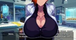 1girls ai_generated alternate_breast_size breast_focus breasts breasts_bigger_than_head breasts_covering_text caption cleavage english_text fake_breasts flaunting gigantic_breasts hanging_breasts head_out_of_frame huge_breasts leaning_forward massive_breasts moira overwatch overwatch_2 pov smile smug text visual_novel