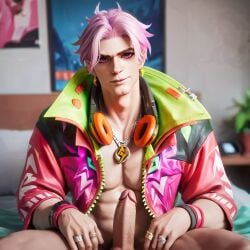 ai_generated erection fredrinn_(mobile_legends) glans inviting jacket looking_at_viewer male male_only mlbb mobile_legends mobile_legends:_bang_bang open_jacket penis pink_eyes pink_hair sitting solo stable_diffusion