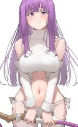 1girls 2d bare_shoulders big_breasts blush breasts female female_only fern_(sousou_no_frieren) holding_object large_breasts long_hair looking_at_viewer mitsuru_(pixiv_34028718) navel panties pout purple_eyes purple_hair sleeves solo sousou_no_frieren staff sweater thighhighs virgin_destroyer_sweater virgin_killer_sweater white_panties white_sleeves white_sweater white_thighhighs