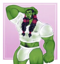 abs absurd_res blizzard_entertainment bulge clothing fangs green_body green_skin hi_res humanoid humanoid_pointy_ears leelikessmut male muscular muscular_humanoid muscular_male orc orc_male pecs solo teeth thrall thrall_(warcraft) underwear warcraft wet wet_clothing