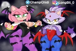 2girls amy_rose blaze_the_cat breasts champchidi clothing cosplay darkstalkers huge_ass large_breasts lilith_aensland_(cosplay) longbit_0 morrigan_aensland_(cosplay) multiple_girls small_breasts sonic_(series) thick_thighs